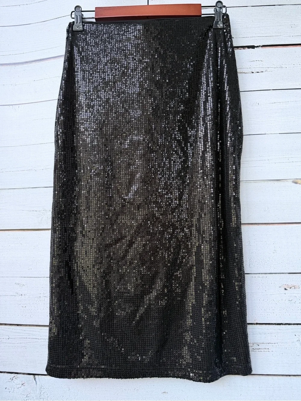 Time and Tru Black Sequin Midi Skirt with Side Slit